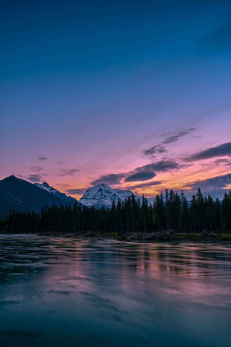 mountains, rocks, lake, forest, trees, sunset, HD phone wallpaper