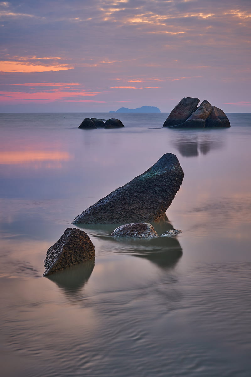 rocks, stones, sea, horizon, sky, HD phone wallpaper
