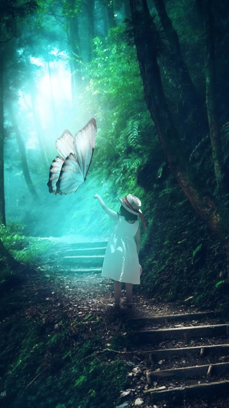 Small butterfly-1, girl, nature, people, butterfly, HD phone wallpaper