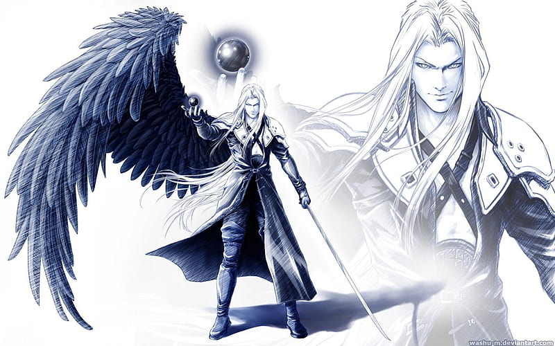 Sephiroth, ff7, games, wings, male, final fantasy 7, video games, final fantasy vii, white background, armor, trench coat, anime, dissidia, sword, armour, HD wallpaper