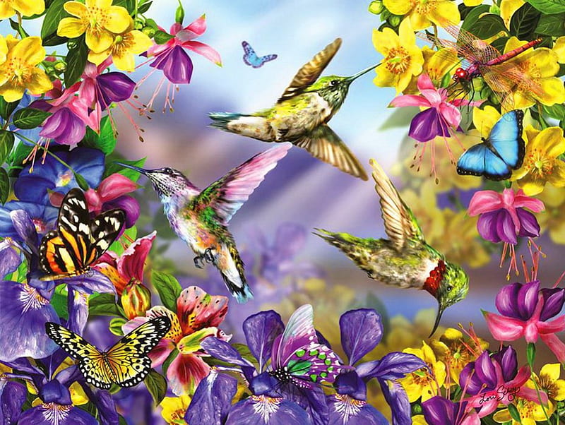 Hummingbirds and butterflies, art, hummingbirds, birds, scent, butterflies, spring, fragrance, freshness, flying, painting, flowers, garden, animals, HD wallpaper