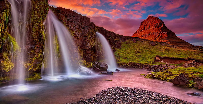 Extinct volcano in Iceland, waterfall, bonito, sunset, volcano, Iceland, landscape, HD wallpaper