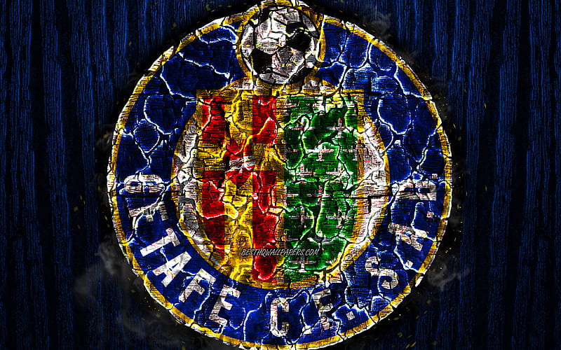 Getafe FC, scorched logo, LaLiga, blue wooden background, spanish football club, La Liga, grunge, Getafe CF, football, soccer, Getafe logo, fire texture, Spain, HD wallpaper
