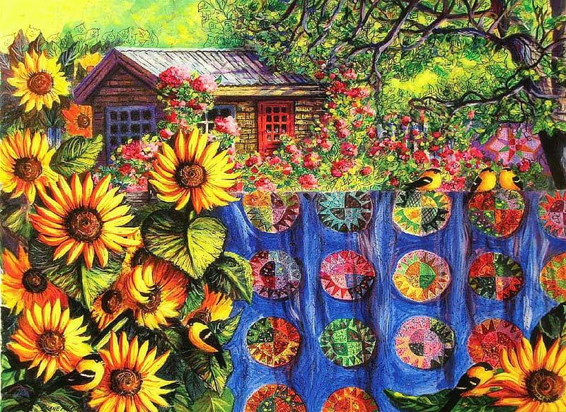 ★The Potting Shed★, architecture, cottages, gardening, blanket, seasons, paintings, sunflowers, flowers, lovely flowers, drawings, cabins, butterfly designs, love four seasons, creative pre-made, trees, weird things people wear, summer, HD wallpaper