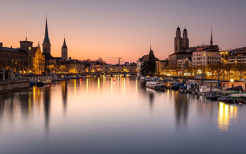 Zurich, Altstadt, Fraumunster, evening, sunset, boats, Zurich cityscape, Switzerland, HD wallpaper