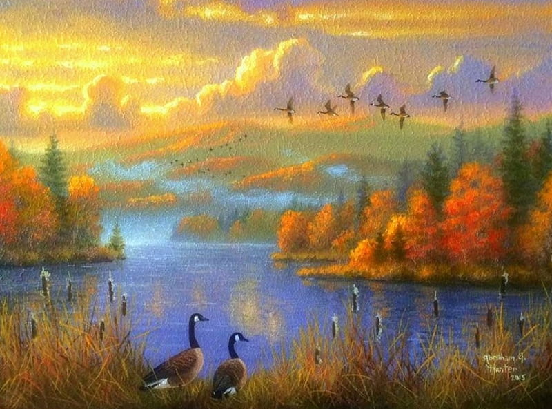 Autumn Lake, flying birds, lakes, fall season, autumn, colors, love four seasons, ducks, attractions in dreams, trees, paintings, nature, HD wallpaper