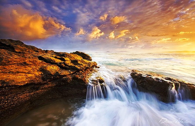 Water and clouds, sky and earth, wonderful, horizon, rock, ocean, waves ...