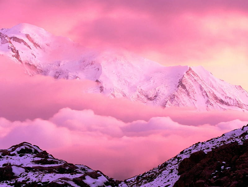 Pink Landscape, scenic, sun, gray, bonito, clouds, snowy, cold, nice, mounts, sunsets, peaks, beauty, sunrise, scenery, pink, amazing, colors, black, sky, panorama, high mountain, cool, snow, mountains, awesome, fullscreen, white, frozen, scene, landscape, HD wallpaper
