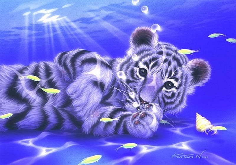 Naughty Ocean, white tiger, oceans, fishes, sunlight, love four seasons, tiger, attractions in dreams, big wild cats, paintings, animals, blue, HD wallpaper