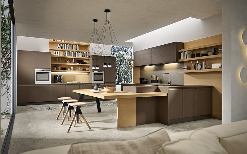 stylish kitchen interior design, brown furniture in the kitchen, modern interior design, kitchen, loft style, concrete floor in the kitchen, HD wallpaper