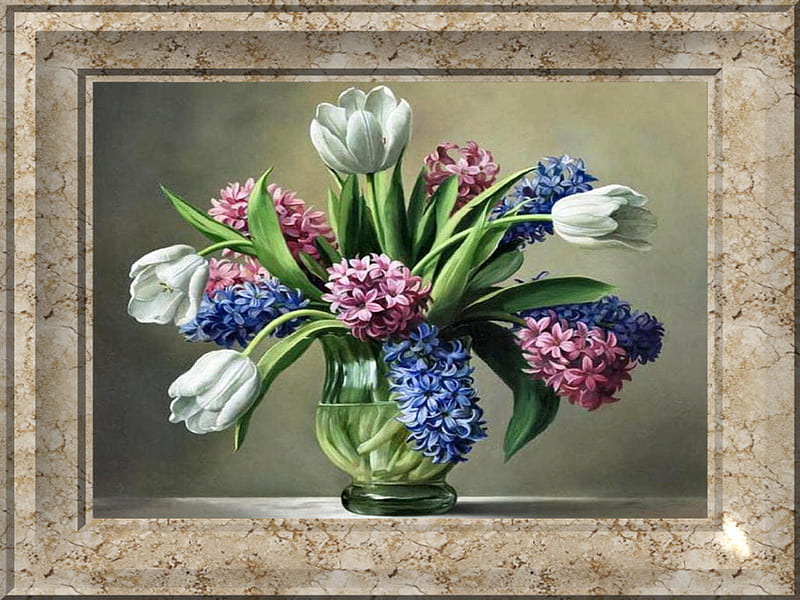 Tulips and Hyacinth 1, hyacinth, art, romance, pieter wagemans, vase, wagemans, framed, artwork, floral, still life, love, painting, flower, beauty, tulips, HD wallpaper