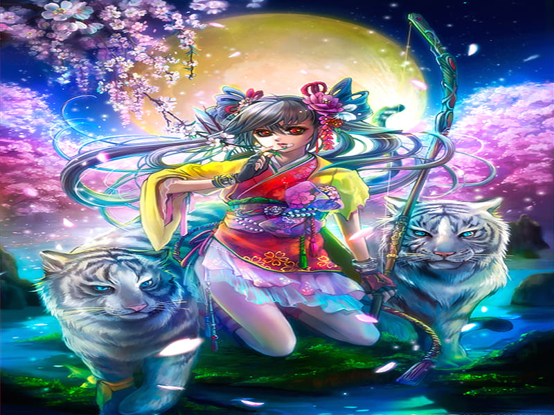 Young Girl and White Tiger, white tiger, female, big cat, archery, bonito, tiger, bow, cherry blossom, animal, moon, anime girl, night, HD wallpaper