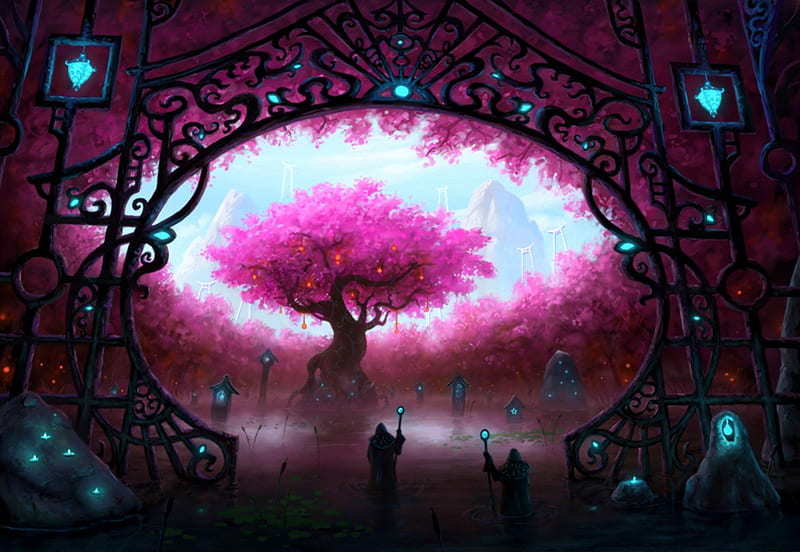 -Entrance to the Sacred Tree-, pretty, stunning, attractions in dreams, bonito, digital art, entrance, paintings, splendor, landscapes, heaven, scenery, drawings, lovely, colors, love four seasons, trees, sacred tree, pink tree, cool, plants, nature, HD wallpaper