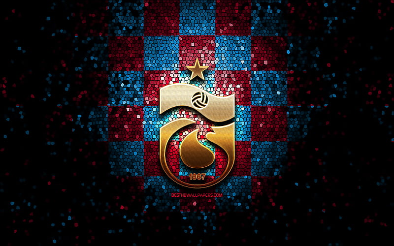 Trabzonspor FC, glitter logo, Turkish Super League, blue purple checkered background, soccer, Trabzonspor, turkish football club, Trabzonspor logo, mosaic art, football, Turkey, HD wallpaper