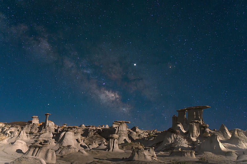 desert, rocks, landscape, starry sky, night, HD wallpaper