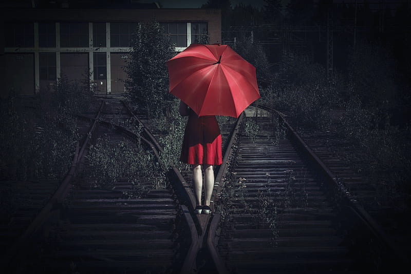 Girl With Umbrella On The Railway, girls, train, umbrella, railroad, HD wallpaper