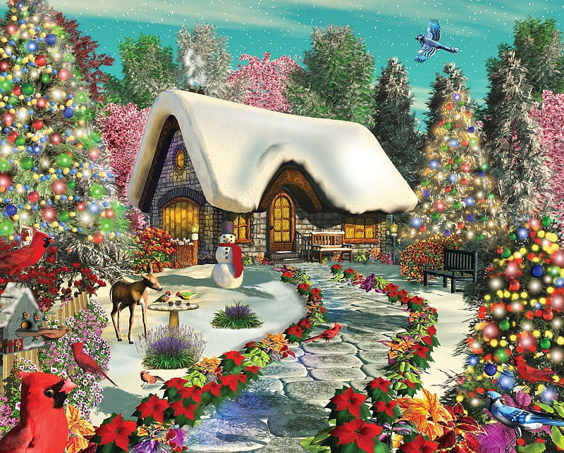 Sunny Christmas Day, tree, christmas, painting, garden, pictura, snowman, deer, art, house, craciun, HD wallpaper