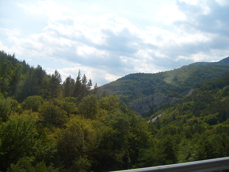 Rhodopy, forest, sun, bonito, trees, sky, clouds, graphy, green, mountai, nature, bulgaria, HD wallpaper