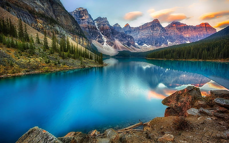 mountains, summer, moraine lake, forest, sunset, canada, HD wallpaper