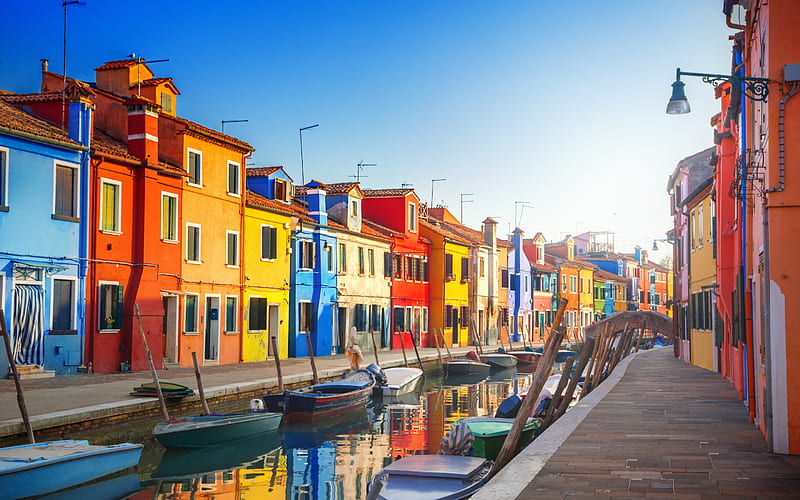 Venice, Italy, urban landscape, sunrise, boat, tourism, travel, canal, colorful houses, Europe, HD wallpaper