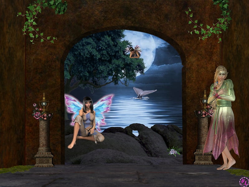 Curious, Fairies, Forest, Enchanted, Elf Maiden, Outside, Nature, Fairy, Outdoors, Collage, Flowers, Blue, Night, Abstract Digital, Fantasy Land, Pond, Hole in a Wall, Fantasy, Brick Wall, Nighttime, Water, Moon, Green, Tree, Hole in a Brick Wall, Fae, Manipulation, Rocks, Make Believe, HD wallpaper