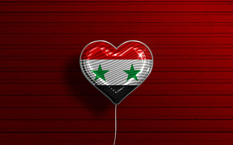I Love Syria realistic balloons, red wooden background, Asian countries, Syrian flag heart, favorite countries, flag of Syria, balloon with flag, Syrian flag, Syria, Love Syria, HD wallpaper