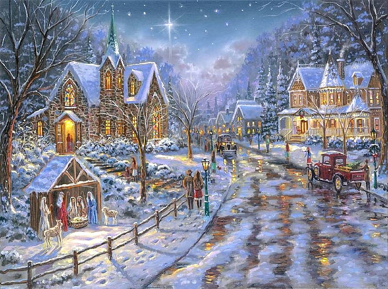 Oh Holy Night, villages, Christmas, christmas tree, holidays, houses, bridges, colors, love four seasons, attractions in dreams, xmas and new year, winter, roads, snow, churches, cities, HD wallpaper