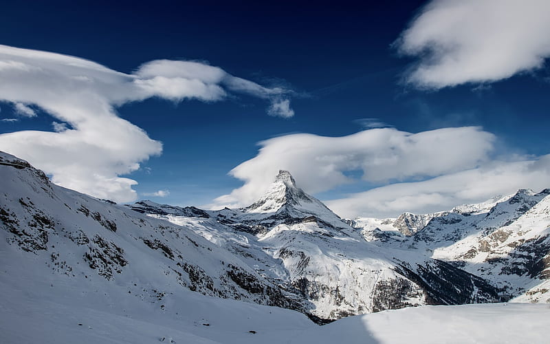 Matterhorn's Snow Cone, winter time, sky, clouds, snowy, winter, splendor, snow, mountains, nature, landscape, HD wallpaper