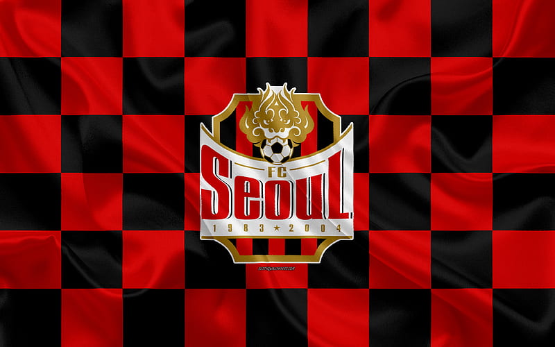 FC Seoul logo, creative art, red black checkered flag, South Korean football club, K League 1, silk texture, Seoul, South Korea, football, HD wallpaper