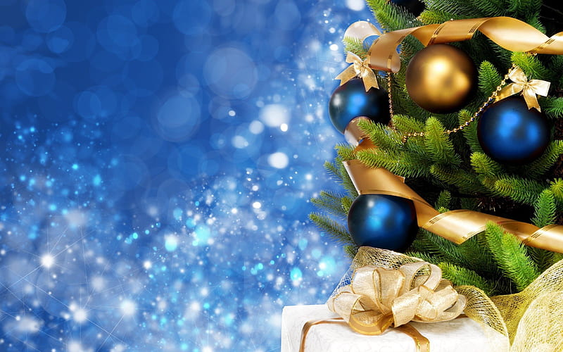 Christmas, Christmas tree, blue christmas balls, New Year, 2017, HD wallpaper