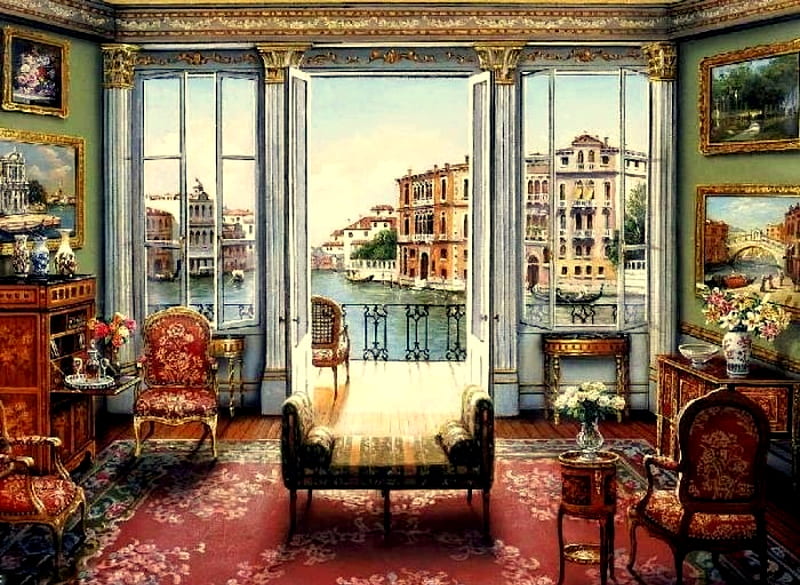 Venetian View, art, window, view, canal, buildings, interior, antiques, venice, gondolas, windows, painting, room, HD wallpaper