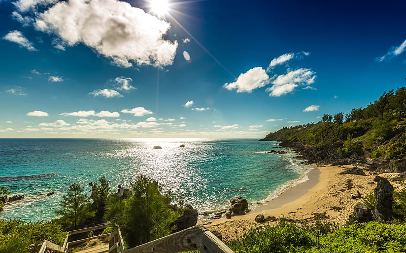 Bermuda, ocean coast, beach, sunset, evening, tropical islands, seascape, HD wallpaper