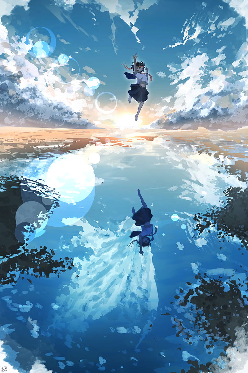 Girl, jump, water, reflection, clouds, anime, art, HD phone wallpaper |  Peakpx