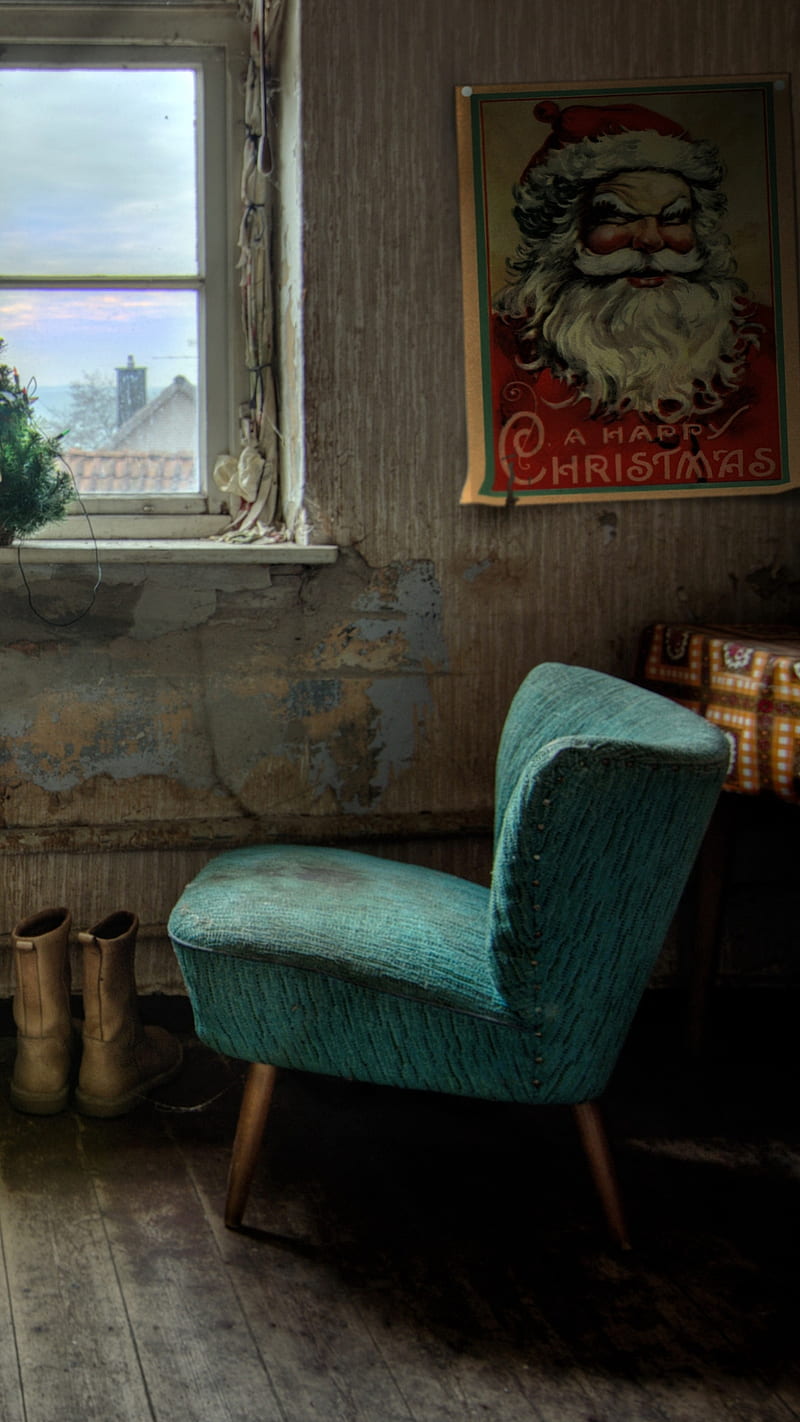 Santas house, boots, chair, christmas tree, hanged, holidays, santa clause, window, HD phone wallpaper