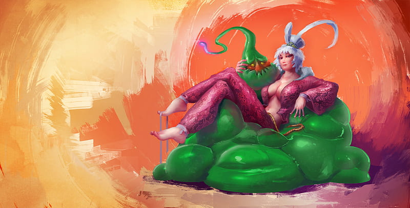 Riven, art, orange, exile, game, league of legends, girl, green, painting, monster, pink, zac, HD wallpaper