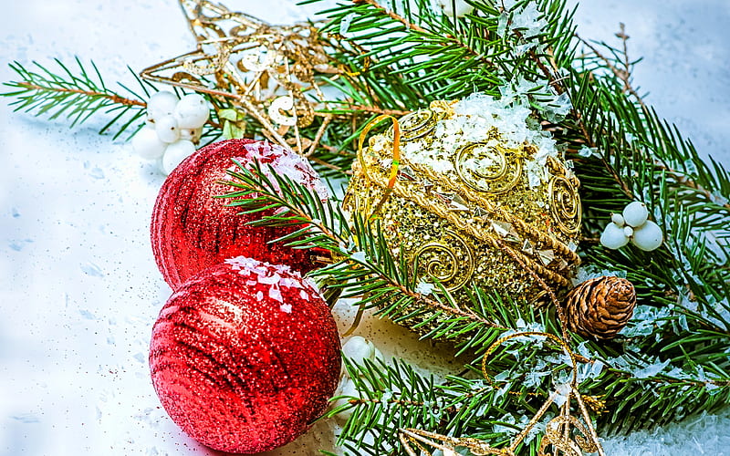 xmas tree, red christmas balls, snow Happy New Year, christmas decorations, fir-tree, red xmas balls, Merry Christmas, new year concepts, Christmas balls, HD wallpaper