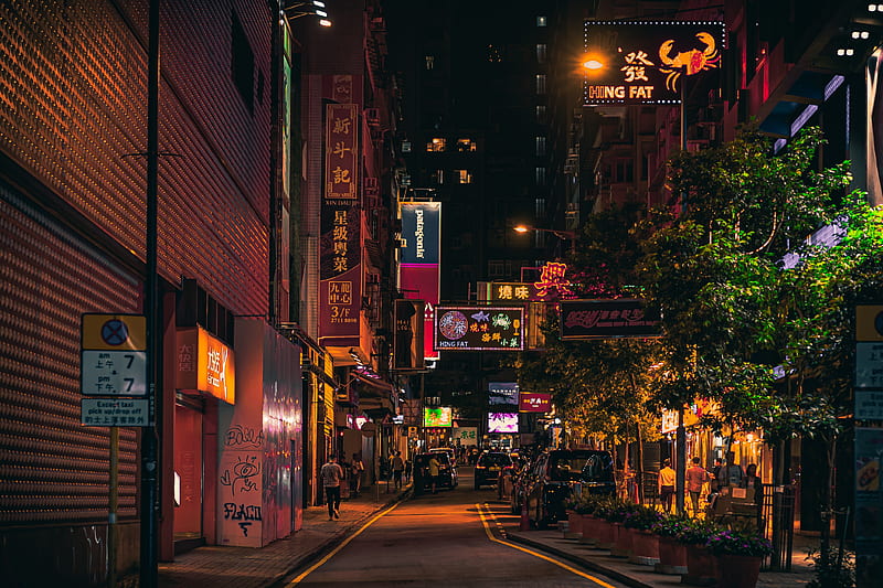 hong kong, urban, night, signs, buildings, street, City, HD wallpaper