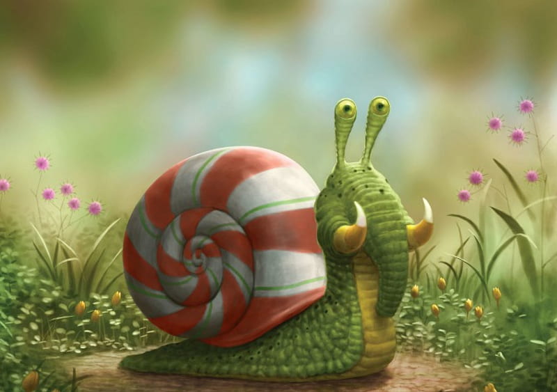 The Elephant Snail :), grass, tusks, funny, trunk, artwork, HD wallpaper
