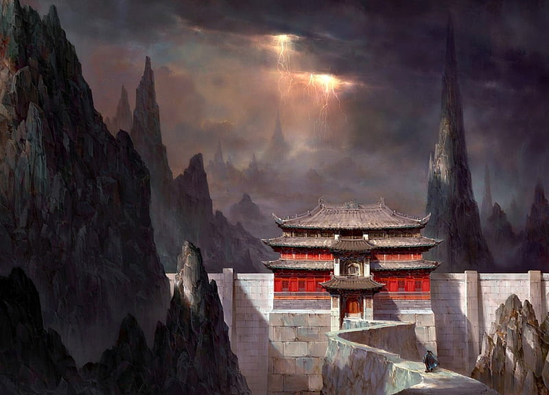 The temple, red, world, art, luminos, black, man, mountain, dark, temple, white, HD wallpaper