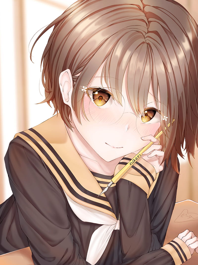 anime school girl, moe, megane, pretty, brown hair, Anime, HD phone wallpaper