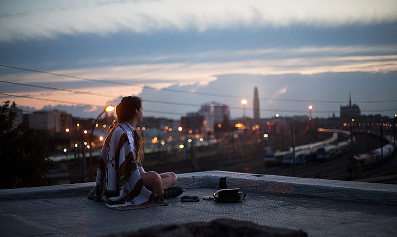 Girl Sitting On Rooftop Looking Towards Town , graphy, girls, HD wallpaper