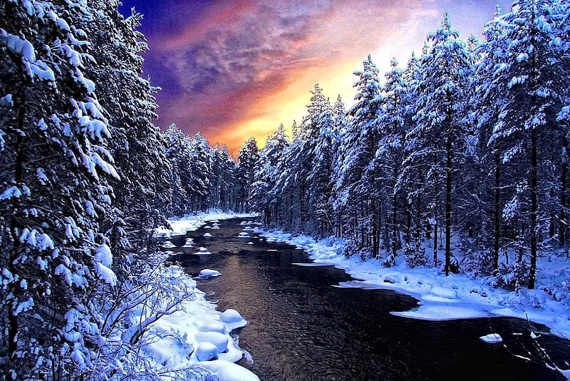 Winter river, stream, pretty, colorful, riverbank, shore, anow, bonito, clouds, snowy, cold, nice, river, frost, amazing, forest, lovely, creek, sky, trees, winter, icy, snow, ice, nature, frozen, HD wallpaper
