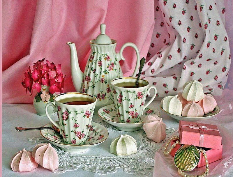 Lovely & Dainty Tea Setting, art, rose, tea, teacup, teapot, still life, cookies, graphy, flowers, pink, HD wallpaper