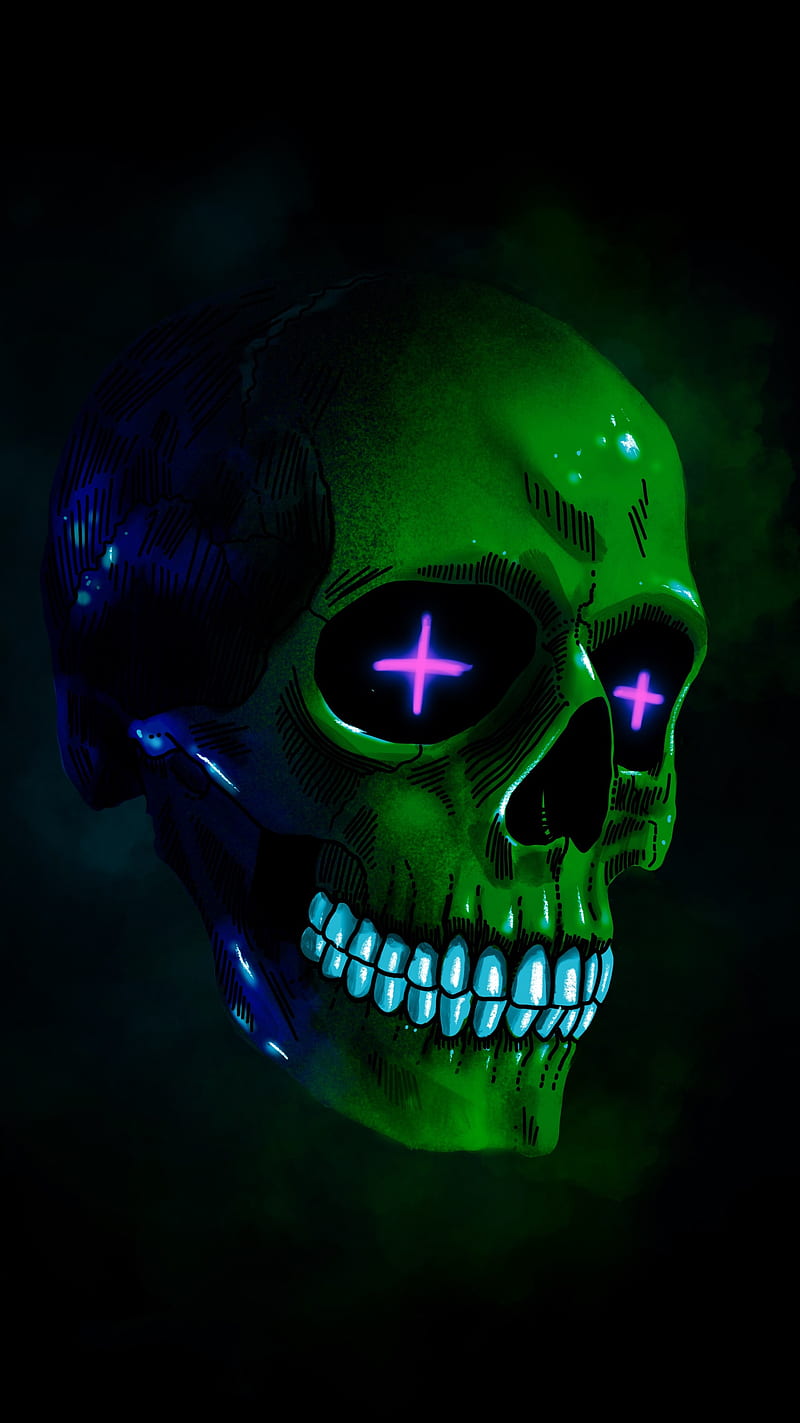 Green Skull of Skulls, amoled, bone, dark, mean, neon, oled, skeleton, HD phone wallpaper