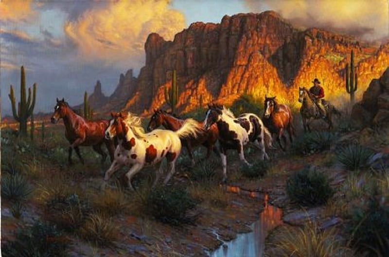 wild horses hunting, hunting, wild, horses, animals, painting, HD wallpaper