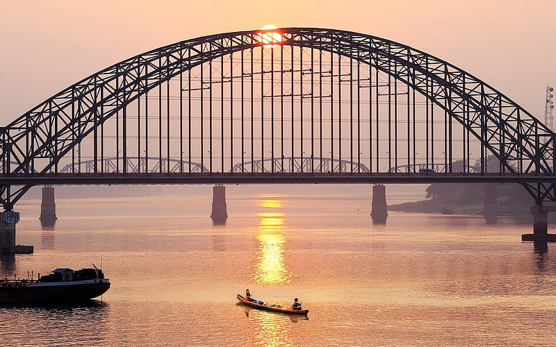 Bridge in Myanmar, Asia, sun, river, bridge, HD wallpaper