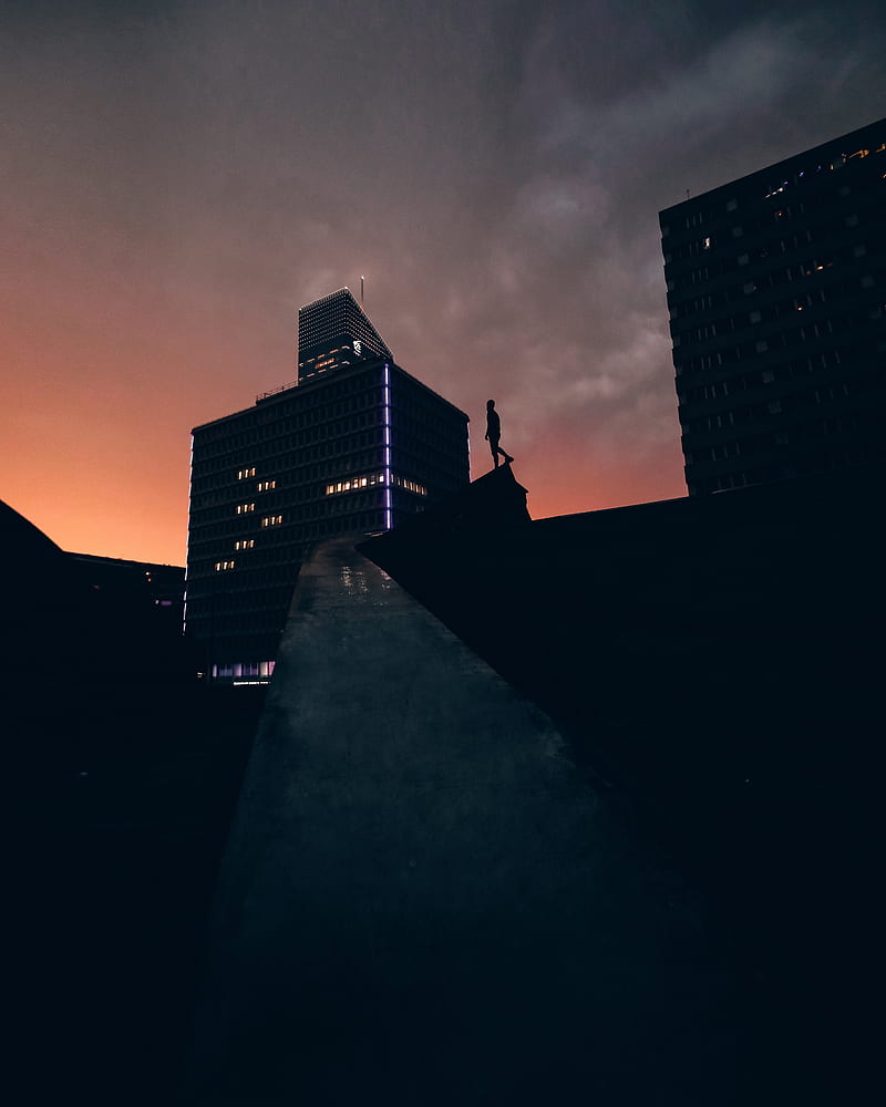 silhouette, city, buildings, sunset, HD phone wallpaper