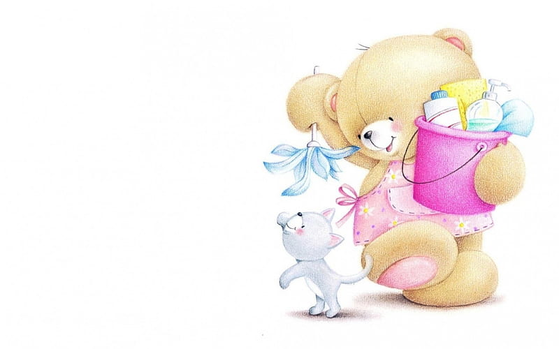 Have fun!, cute, summer, white, teddy bear, cat, pink, card, HD wallpaper