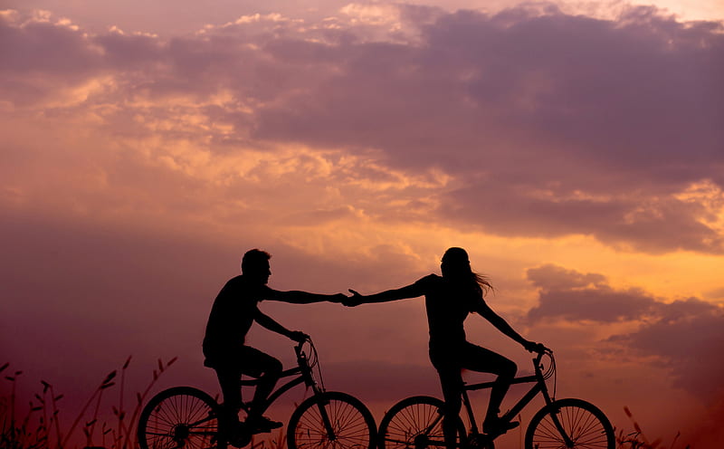 Romantic Bike Ride with Lover Ultra, Love, Touch, Sunset, Hands, Silhouette, Together, Romantic, Lover, Lovers, Ride, Holding, Bicycles, girlfriend, boyfriend, HD wallpaper