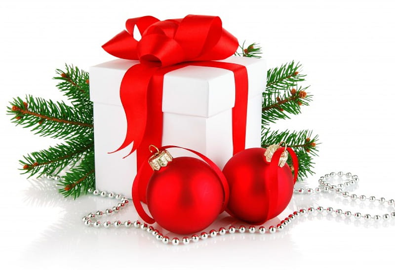 Xmas Gift, parcel, twigs, christmas, balls, HD wallpaper